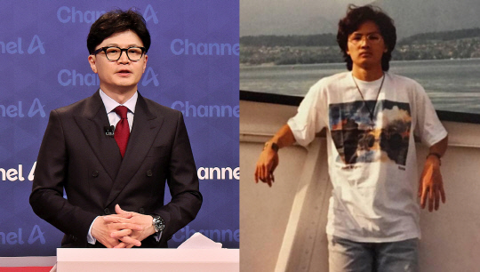 한동훈 국민의힘 당대표 후보가 지난 7월16일 채널A 주관 국민의힘 당권주자 세번째 토론회에 참석한 모습(왼쪽)과 17일 CBS라디오 주관 네번째 토론회에서 공개한 20대 시절 사진(오른쪽).<연합뉴스 사진·CBS라디오 중계영상 갈무리>